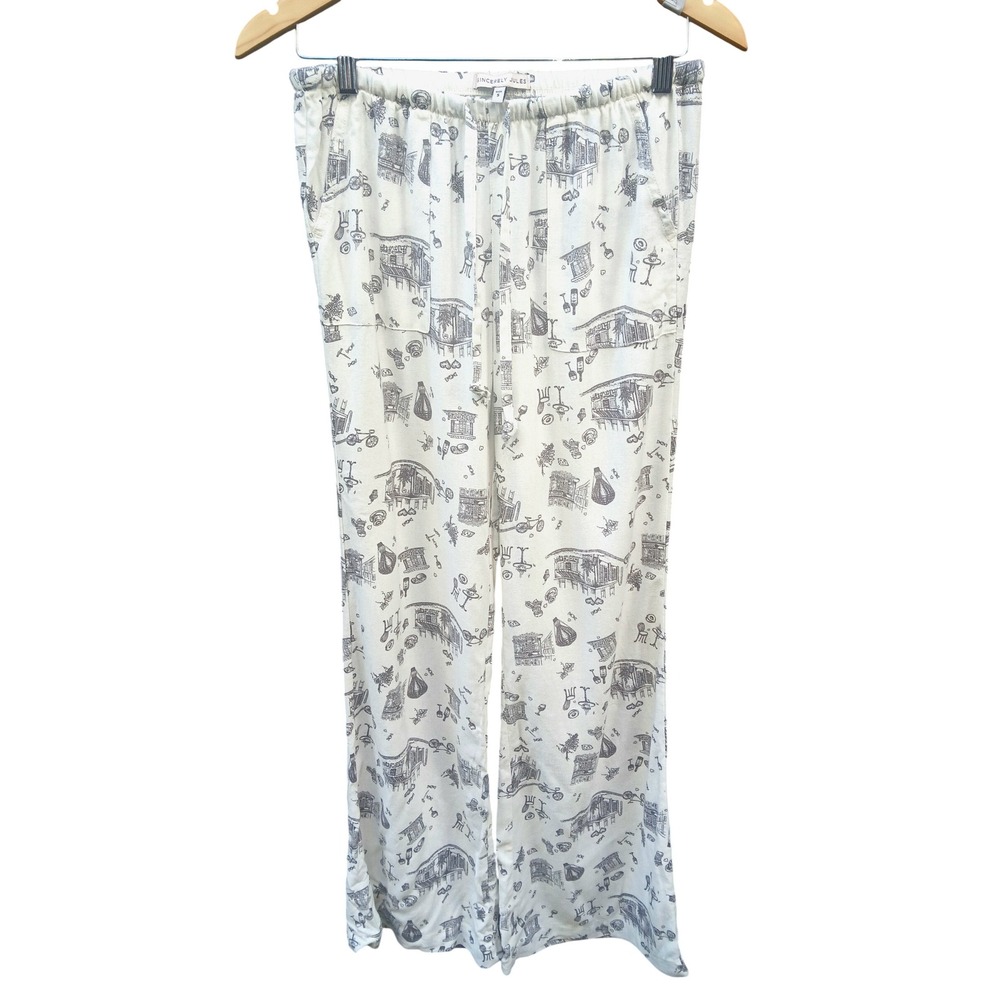 Sincerely Jules Womens Paris Toile Print Pants Cream Gray Linen Blend S